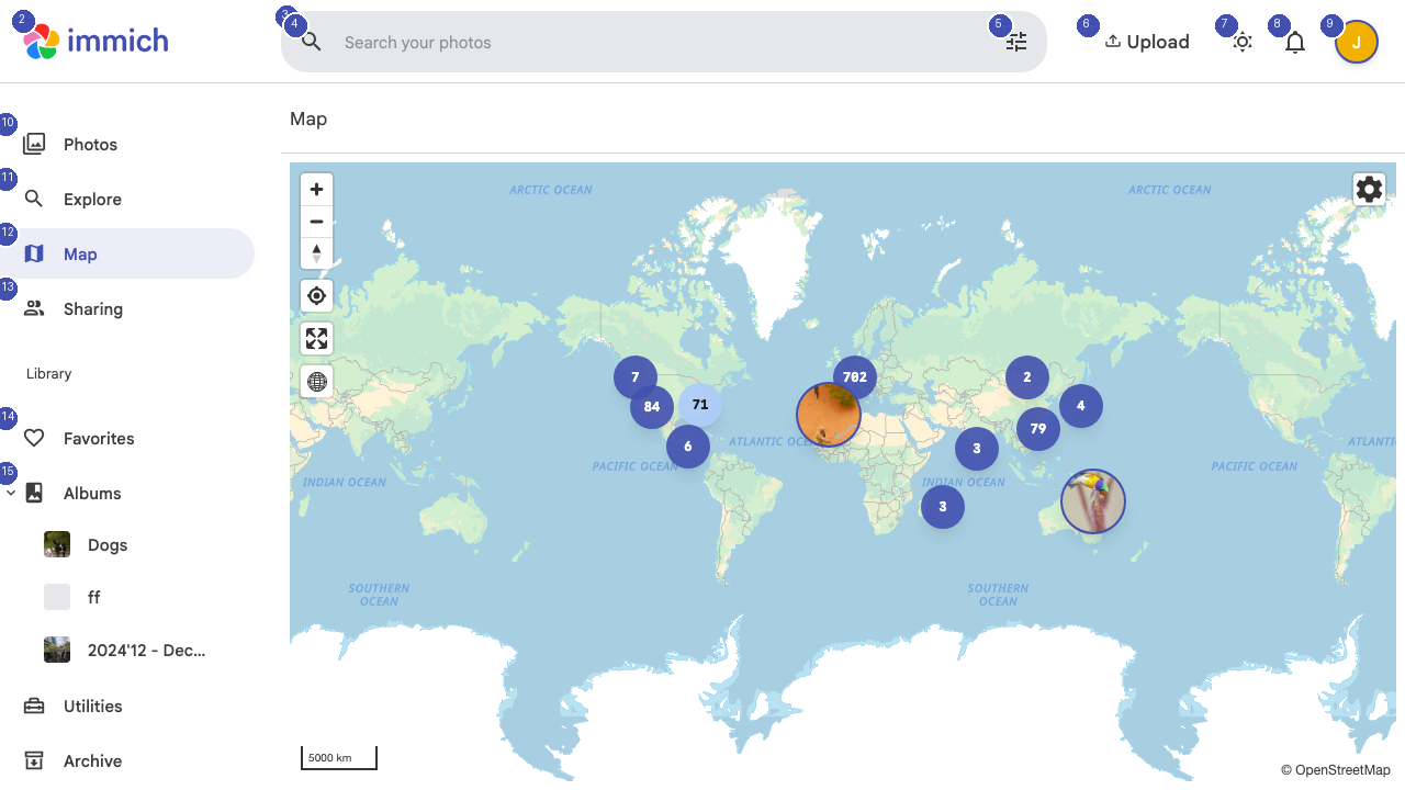 Map view showing photo locations on an interactive map