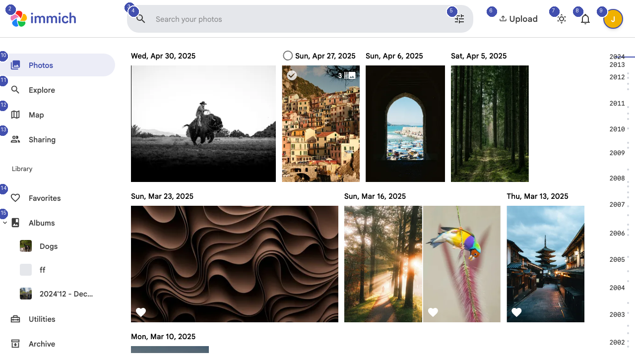 Photos timeline showing images grouped by date