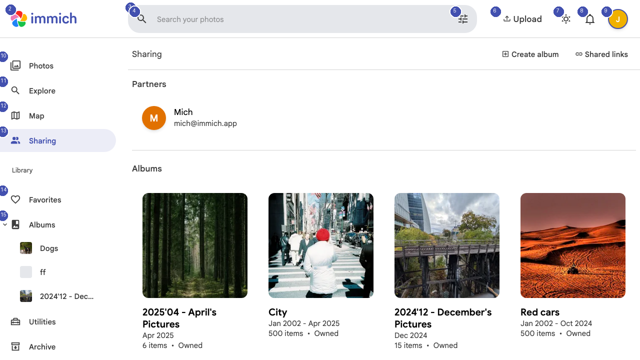 Sharing page showing shared albums and partner options
